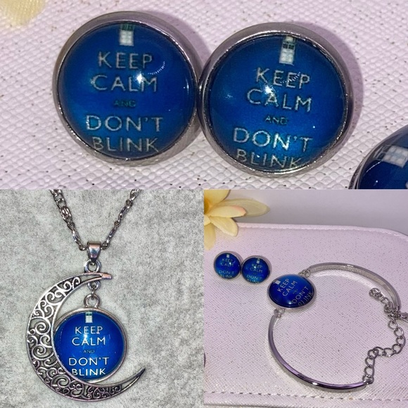 Keep Calm & Don't Blink Cabochon Glass Pendant Necklace Earrings & Bracelet Set - Picture 2 of 4
